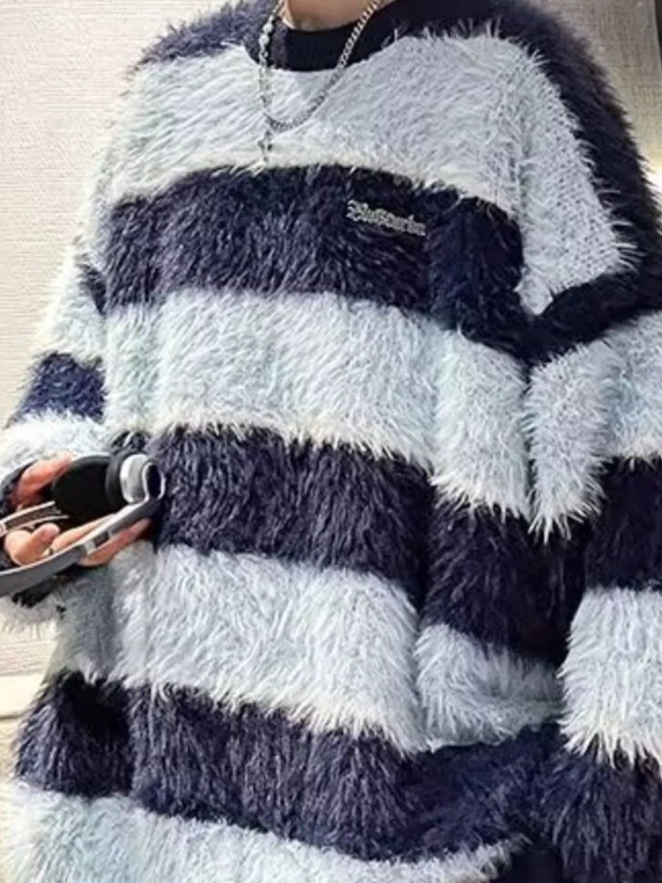 Men's Striped Fuzzy Knit Pullover Sweater