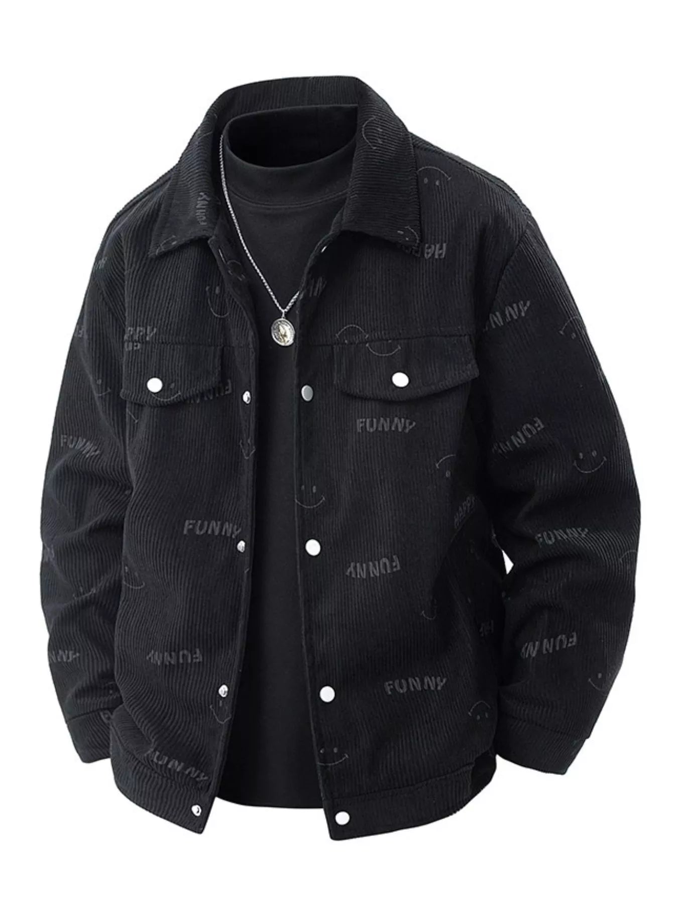 Men's Plus Size Smiley Face Print Snap Down Casual Jacket