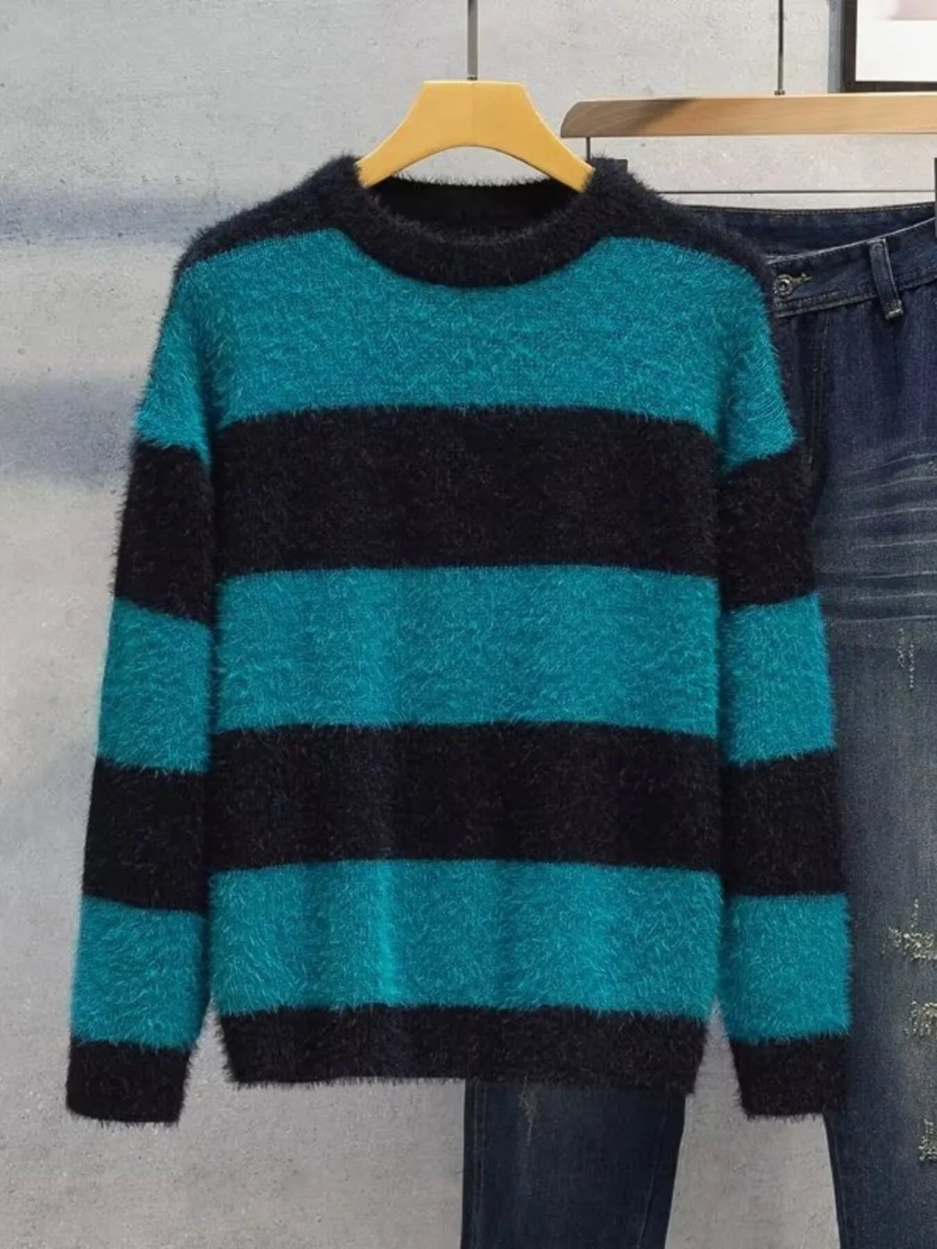 Men's Plus Size Striped Fuzzy Knit Pullover Sweater