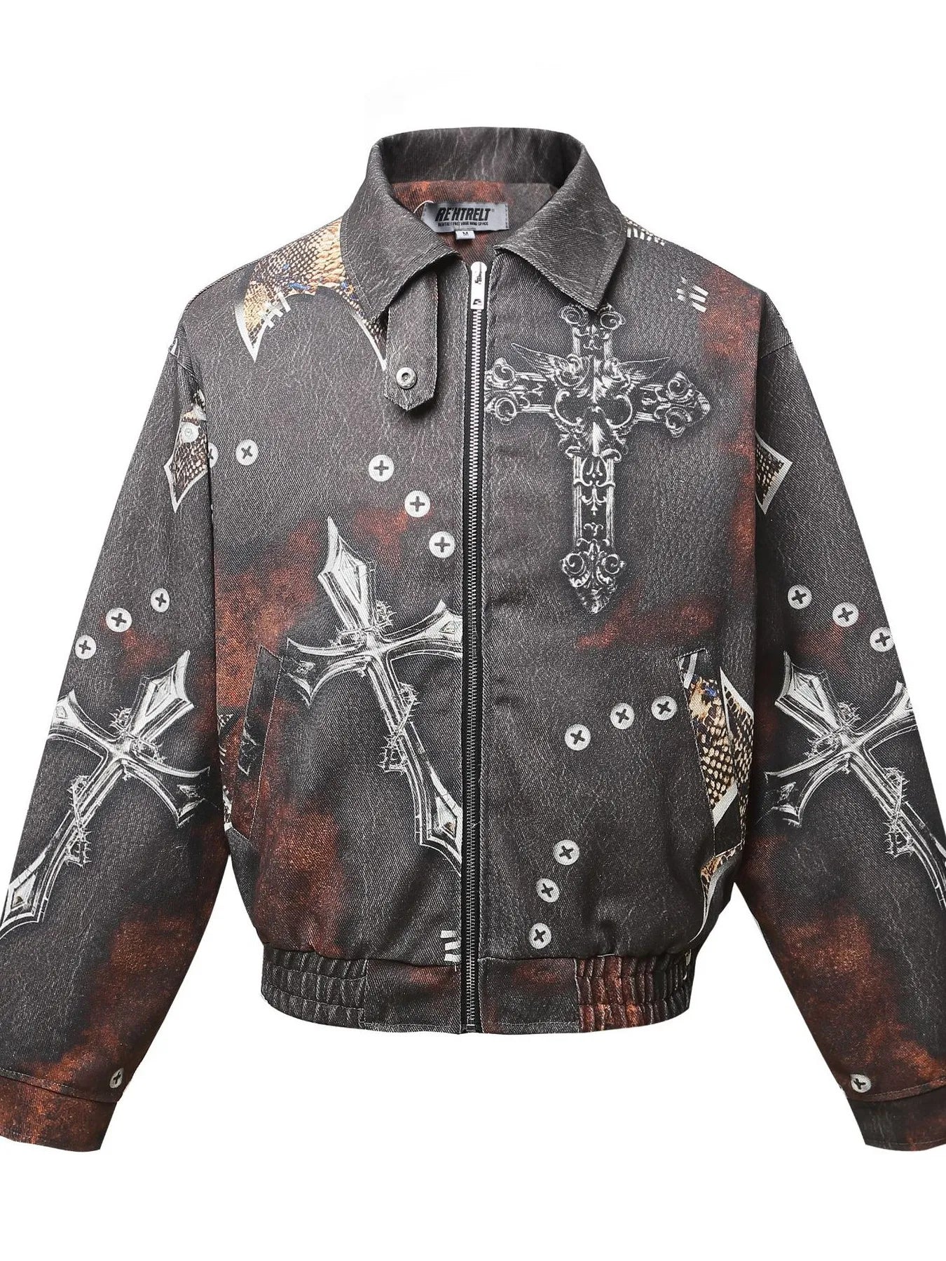 Men's Gothic Cross Print Distressed Denim Jacket