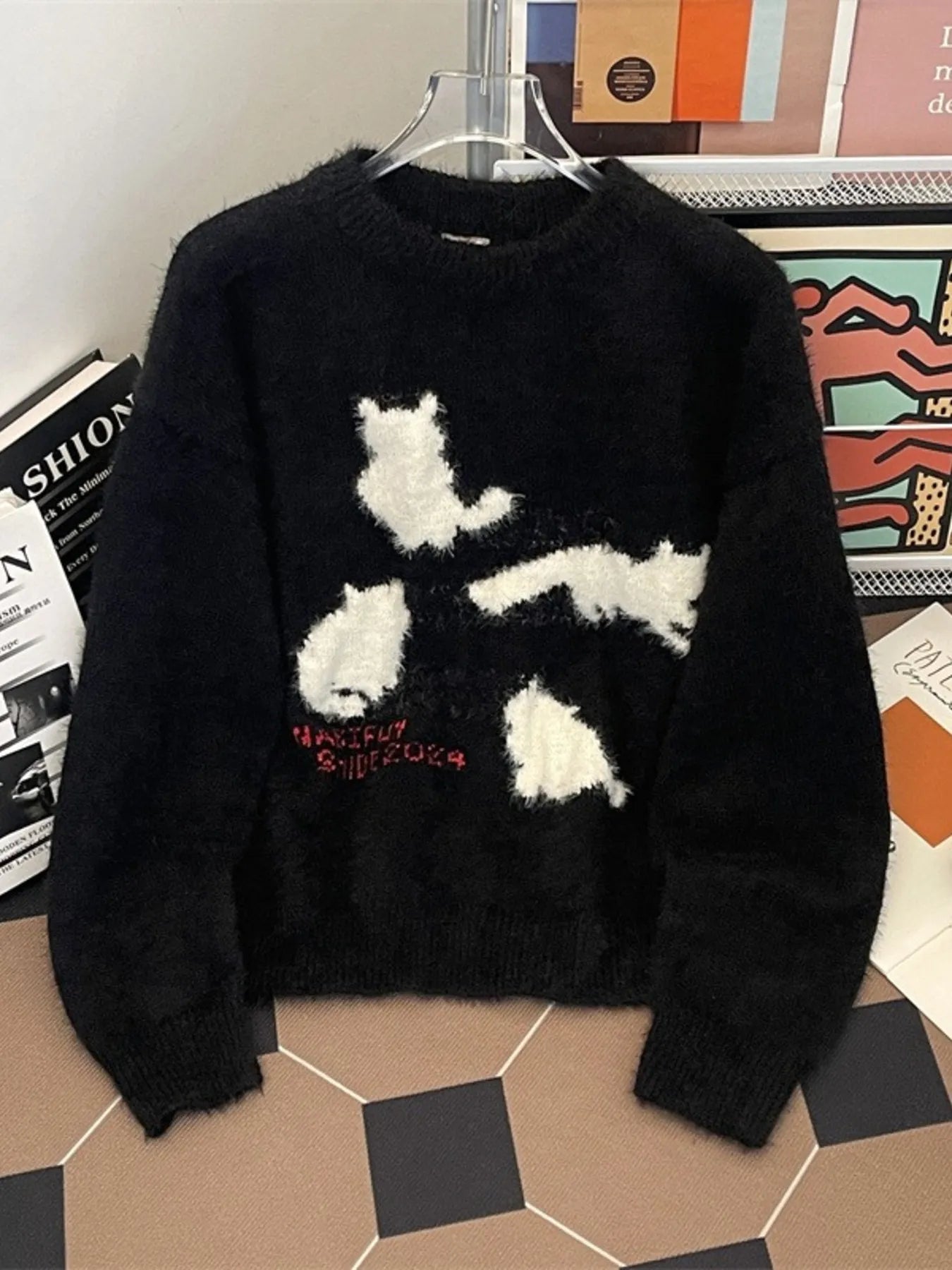 Men's Cute Cat Fuzzy Knit Pullover