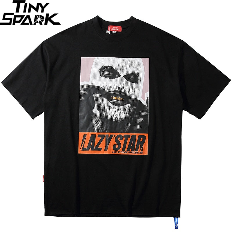 Oversize Hip Hop T Shirt Men Streetwear Harajuku Masked Man Print Tshirt Short Sleeve Cotton Casual T-Shirt Black Plus Size