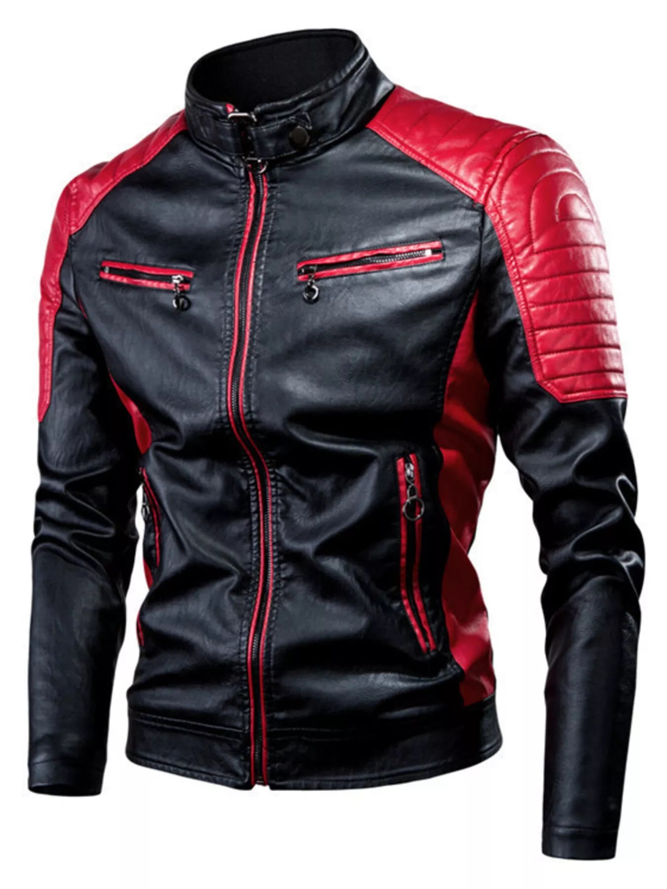 Men's Plus Size Two-Tone Slim Fit Motorcycle Leather Jacket