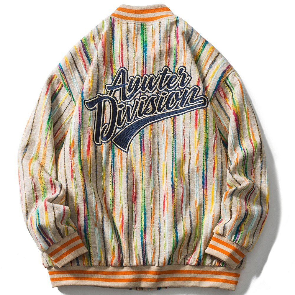 Baseball Jacket Men Colorful Knitted Striped Letter Embroidery Streetwear Men Loose Hip Hop Hipster Bomber Coats Autumn