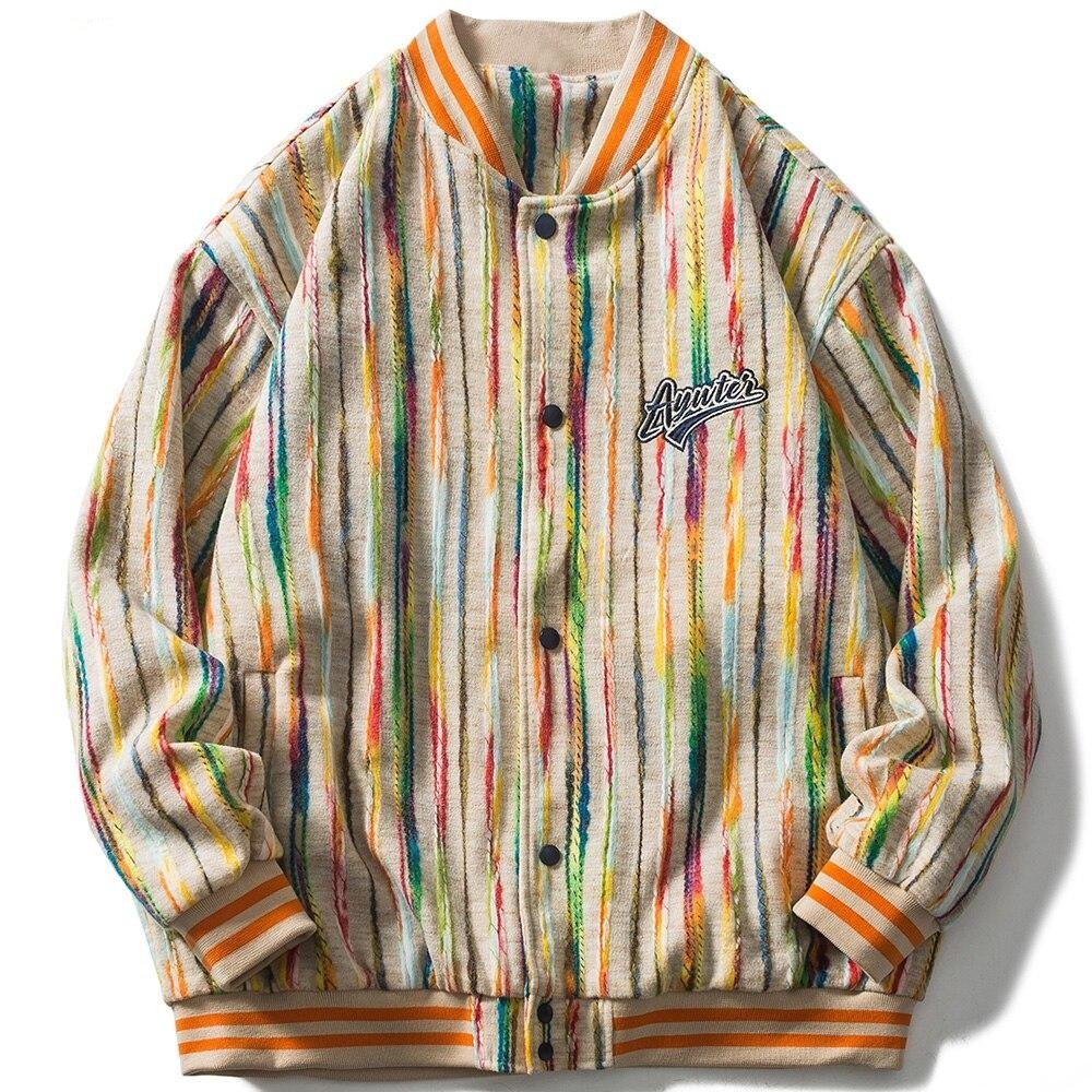 Baseball Jacket Men Colorful Knitted Striped Letter Embroidery Streetwear Men Loose Hip Hop Hipster Bomber Coats Autumn