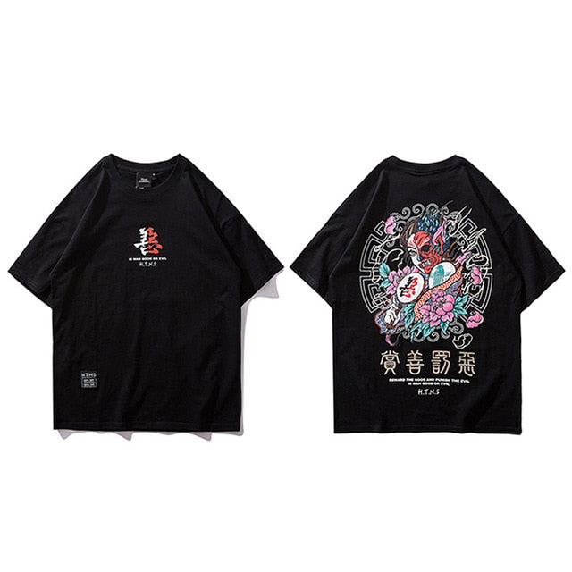 Women Men Good And Evil Print Hip Hop T-Shirt Chinese Character