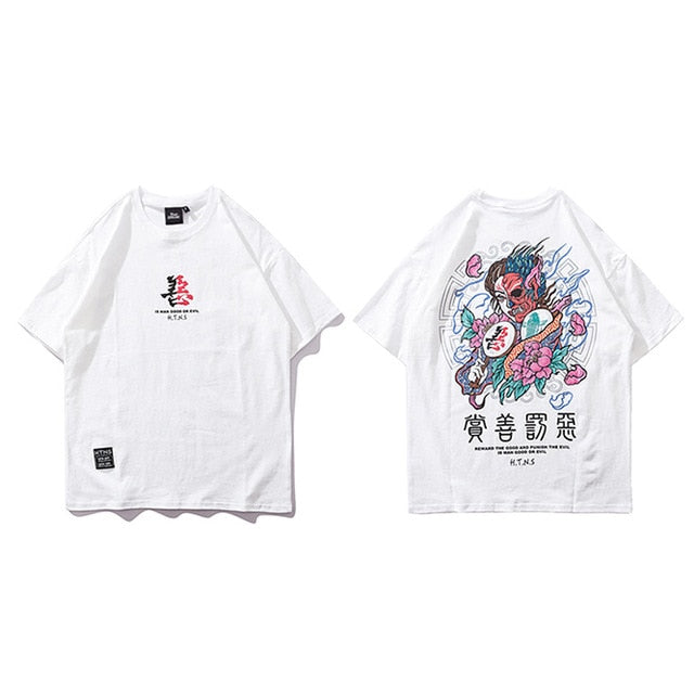 Women Men Good And Evil Print Hip Hop T-Shirt Chinese Character