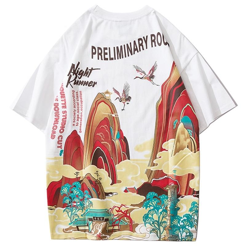 Streetwear T Shirt Men Hip Hop Chinese Colorful Fairyland Tshirt Short Sleeve Cotton