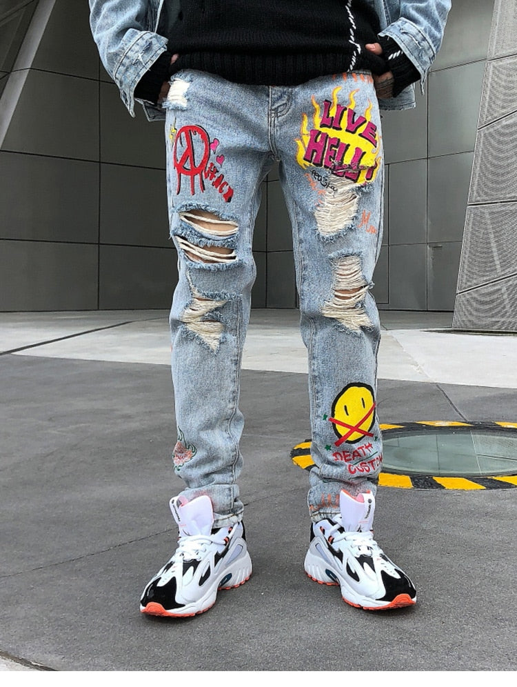 Men Broken Hole Trousers Cute Letter Print Jeans High Street Casual Streetwear