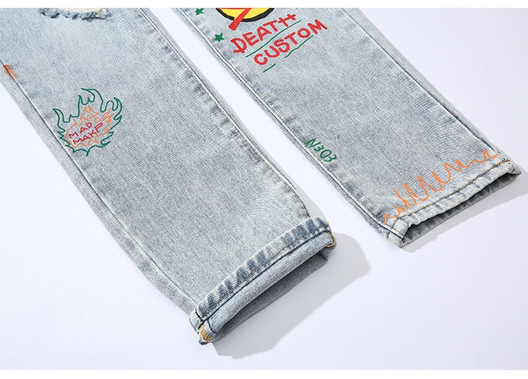 Men Broken Hole Trousers Cute Letter Print Jeans High Street Casual Streetwear