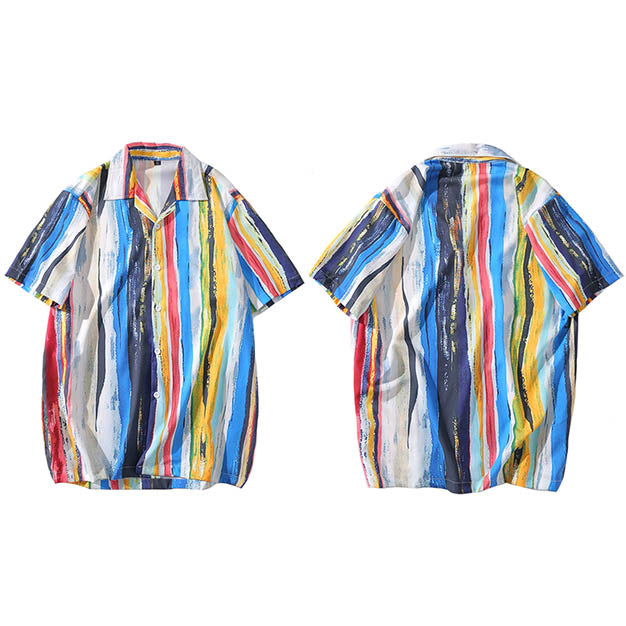 Men Hawaiian Shirt Painting Rainbow Stripe Hip Hop Shirt