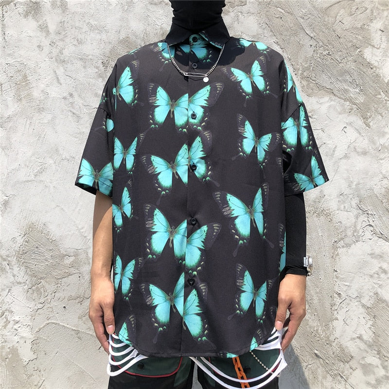 Full Butterfly Print Short Sleeve Hawaiian Shirt Summer Men Casual Floral Hip Hop Streetwear Oversized Black Shirt