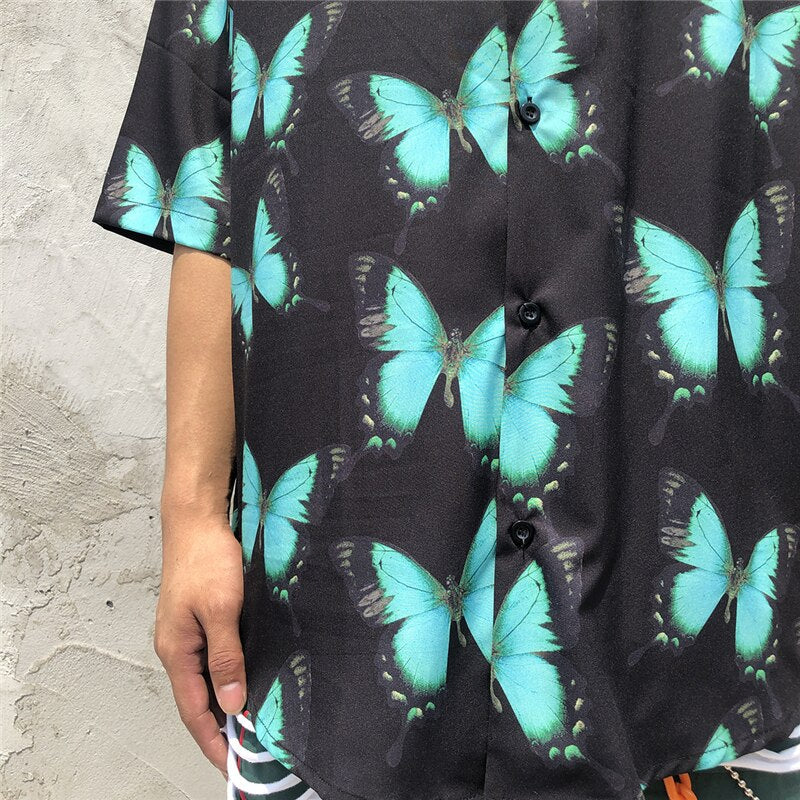 Full Butterfly Print Short Sleeve Hawaiian Shirt Summer Men Casual Floral Hip Hop Streetwear Oversized Black Shirt