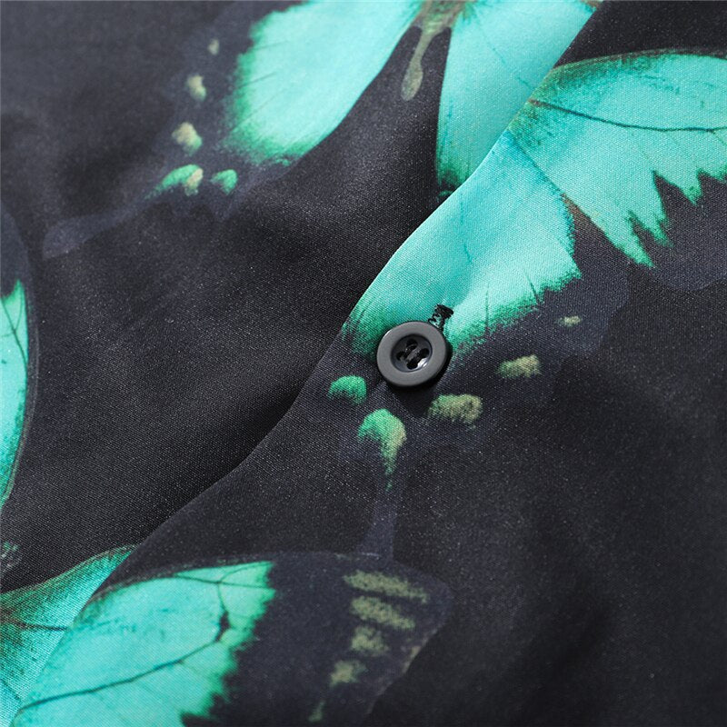 Full Butterfly Print Short Sleeve Hawaiian Shirt Summer Men Casual Floral Hip Hop Streetwear Oversized Black Shirt