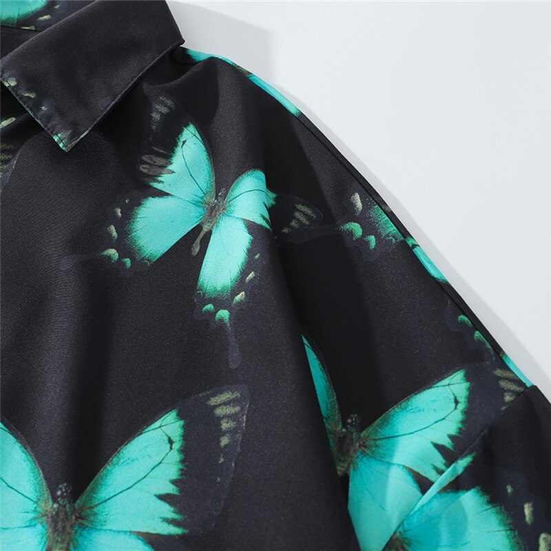 Full Butterfly Print Short Sleeve Hawaiian Shirt Summer Men Casual Floral Hip Hop Streetwear Oversized Black Shirt