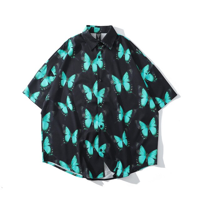 Full Butterfly Print Short Sleeve Hawaiian Shirt Summer Men Casual Floral Hip Hop Streetwear Oversized Black Shirt