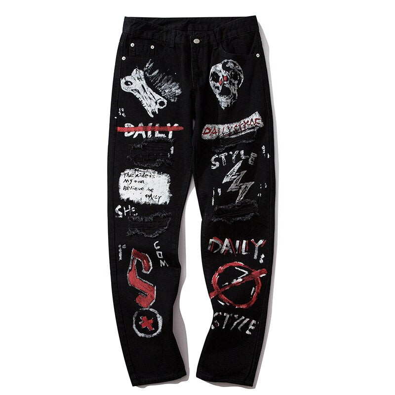 Men Jeans Hip Hop Graffiti Skull Letter Print Denim Pants Skinny Hole High Street