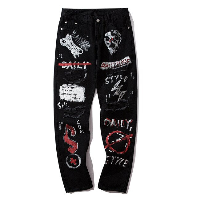 Men Jeans Hip Hop Graffiti Skull Letter Print Denim Pants Skinny Hole High Street