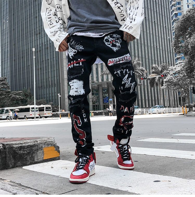 Men Jeans Hip Hop Graffiti Skull Letter Print Denim Pants Skinny Hole High Street