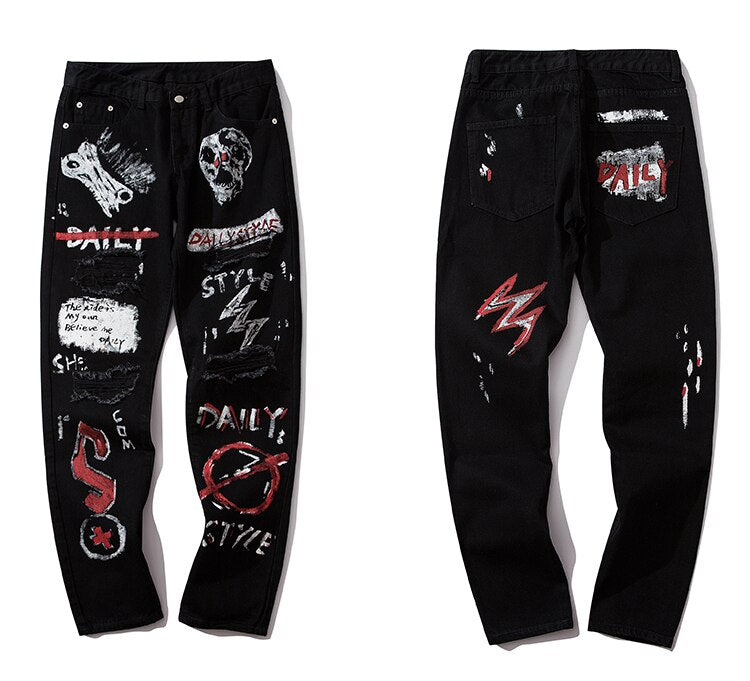 Men Jeans Hip Hop Graffiti Skull Letter Print Denim Pants Skinny Hole High Street